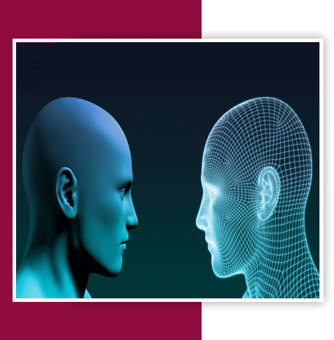 Two people facing each other with a green and red background