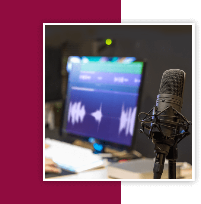 A microphone and a computer monitor in front of a window.