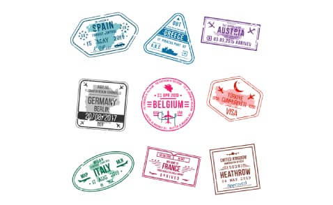 A group of different types of stamps on a white background